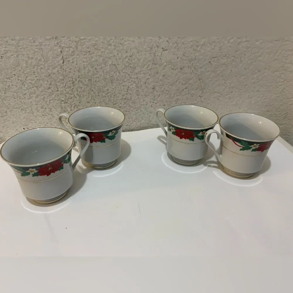 4 Tienshan DECK THE HALLS Tea Cup Lot Christmas Poinsettia Red Ribbon Mug Teacup